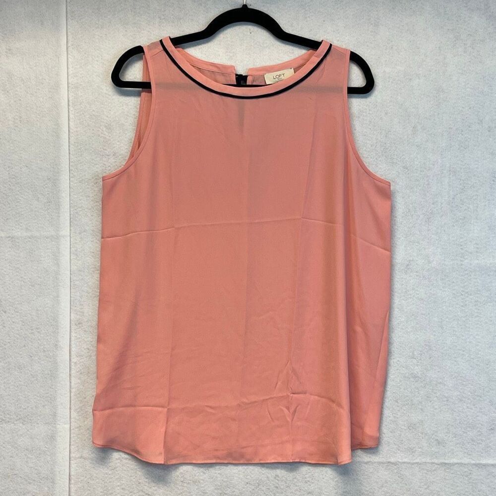 LOFT Blouse Size Large Pink Black Trim Tie Neck‎ Sleeveless Top Crew Neck Pretty